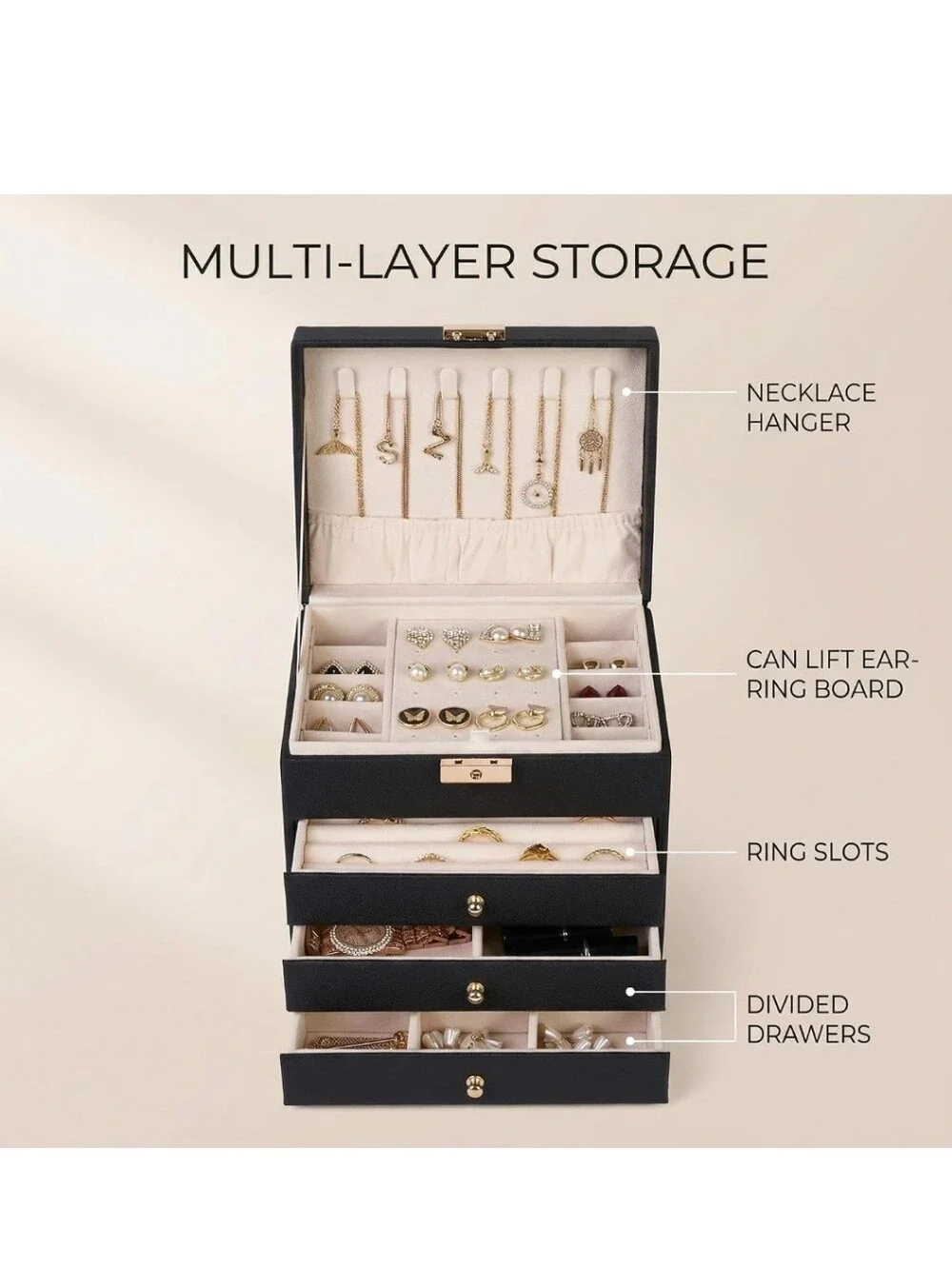Black Jewelry Box with Cream Interior - Elegant Multi-Tier Organizer